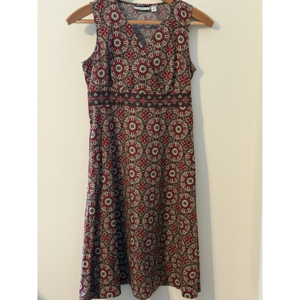 Geometric Sleeveless A-Line Dress 8P Multicolor Red V-Neck Midi Pockets Stretch